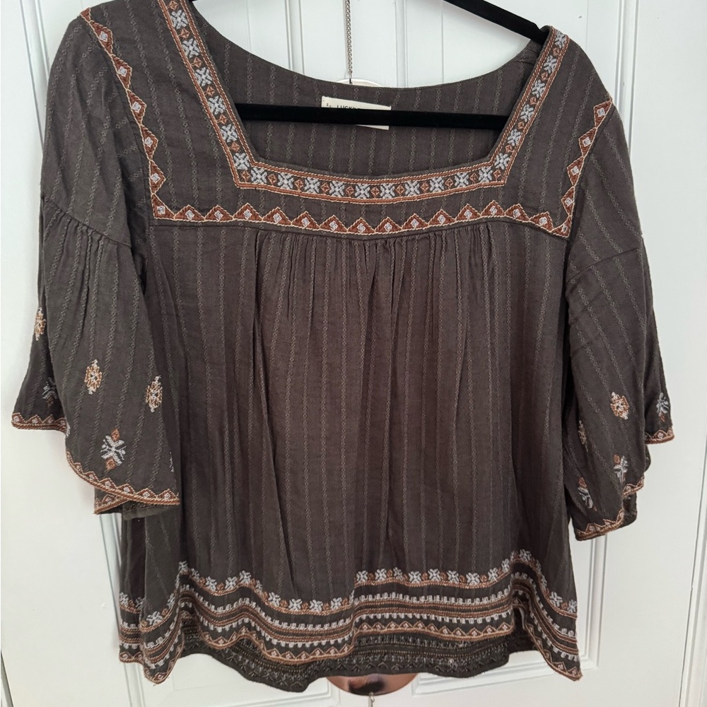 Lucky Brand Brown Embroidered Square-Neck Blouse